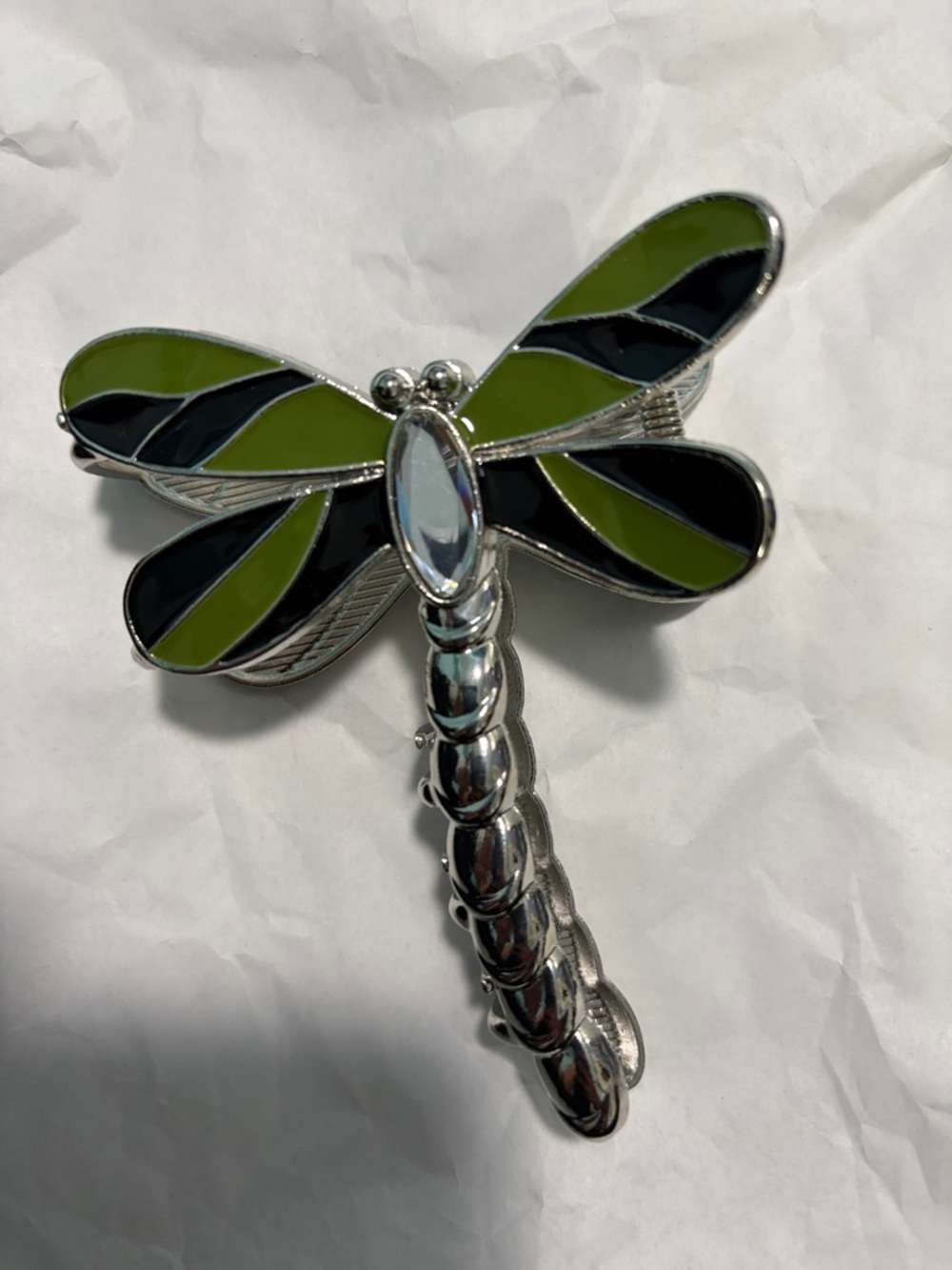 Silver Dragonfly Hair Clip with Green and Black Enamel Wings